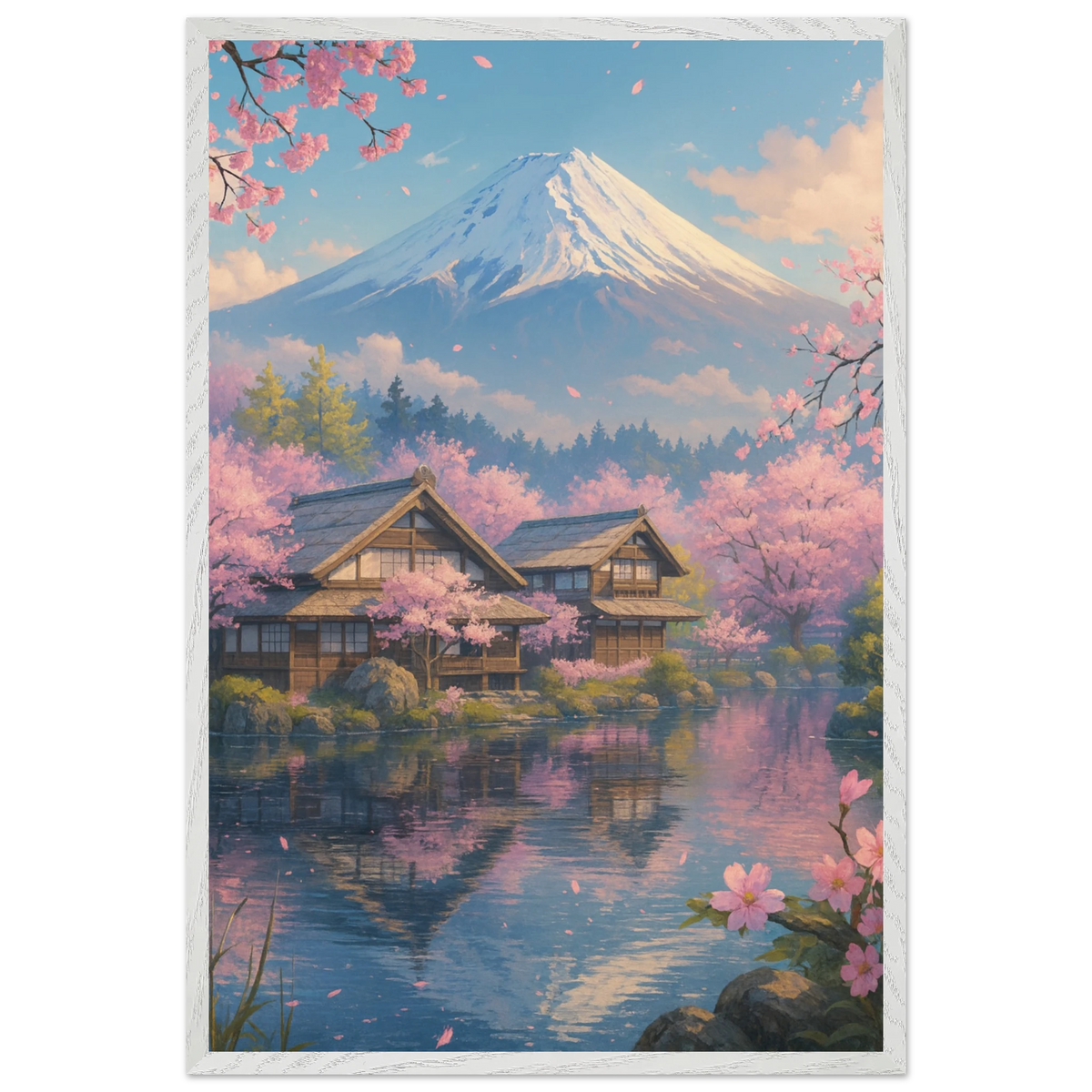 Cherry Blossoms & Mountains Wooden Framed Poster - - Wooden Framed Posters
