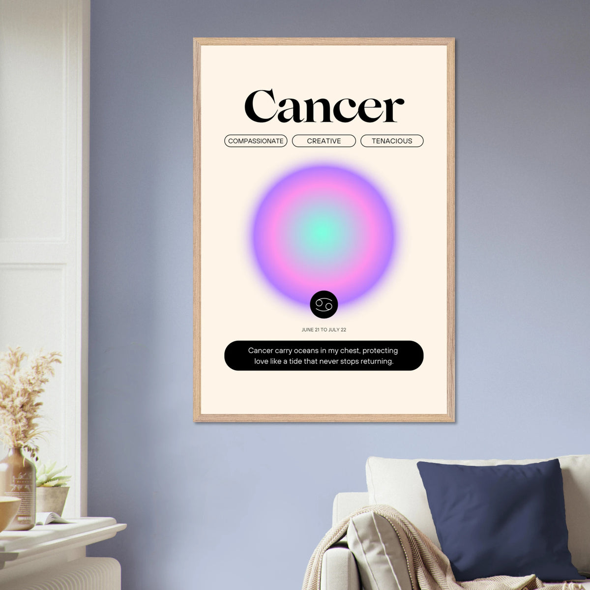 Zodiac Wall Art Framed Poster for Astrology Lovers - Wood frame Cancer - Wooden Framed Posters