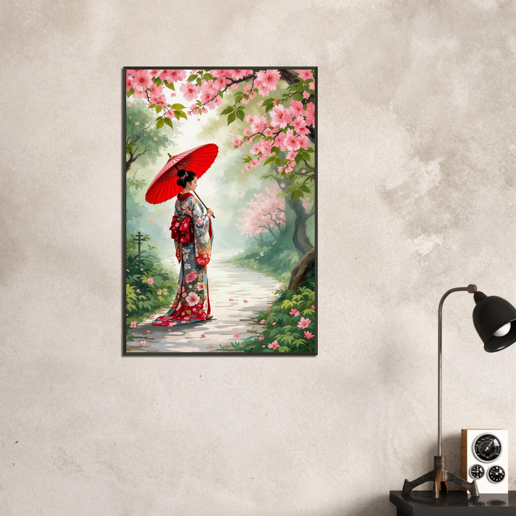 Blossom Serenity - Kimono Lady in Spring - 60x90 cm 24x36″ - Framed Poster