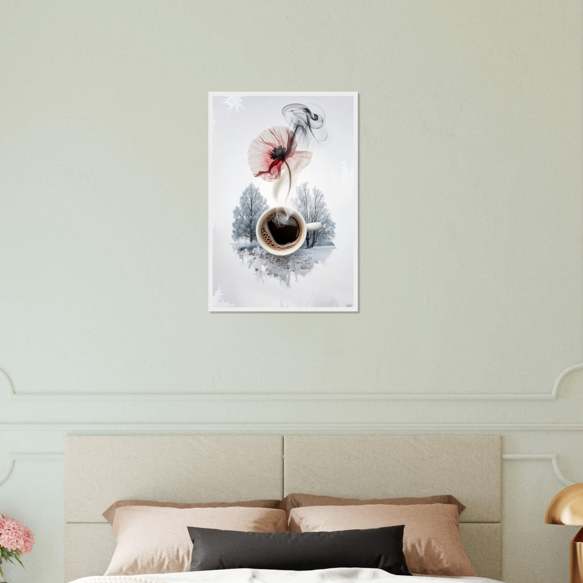 Cozy Awakening - Coffee & Flower Wall Art - White frame 40x60 cm 16x24″ - Wooden Framed Posters
