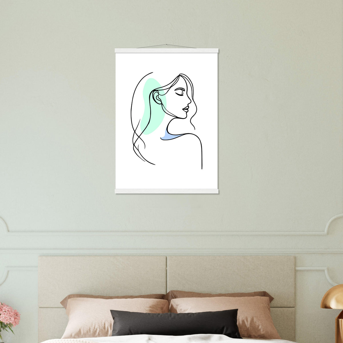 Elegance in Line - Minimalist Female Profile Art with Wooden Hangers - 50x70 cm 20x28″ White wall hanger - Posters With Hanger