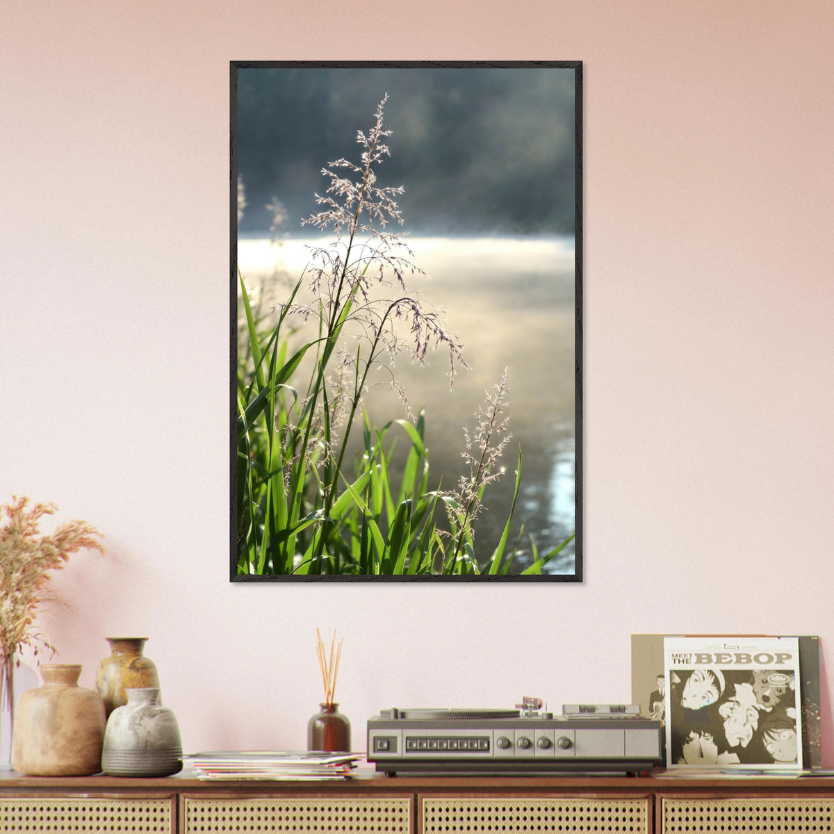 Morning Dew River View – Wooden Poster for Her - Black frame - Wooden Framed Posters