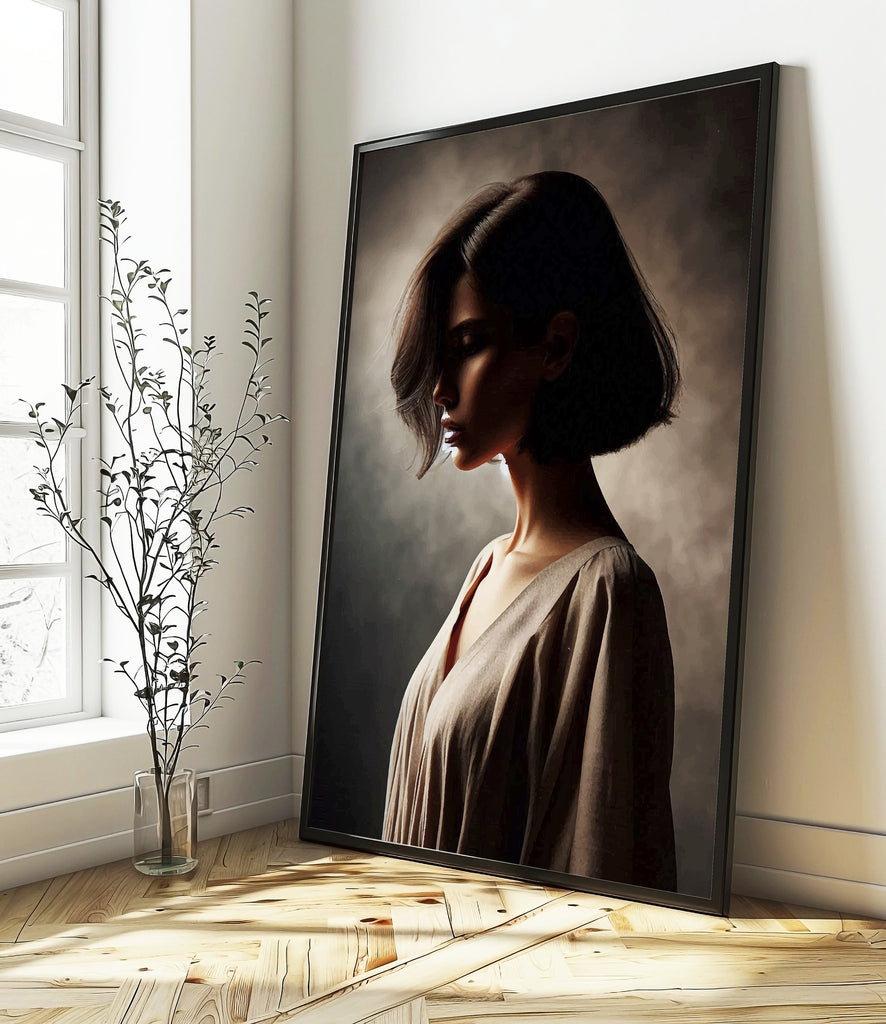 Silent Contemplation in Shadows - - Framed Canvas