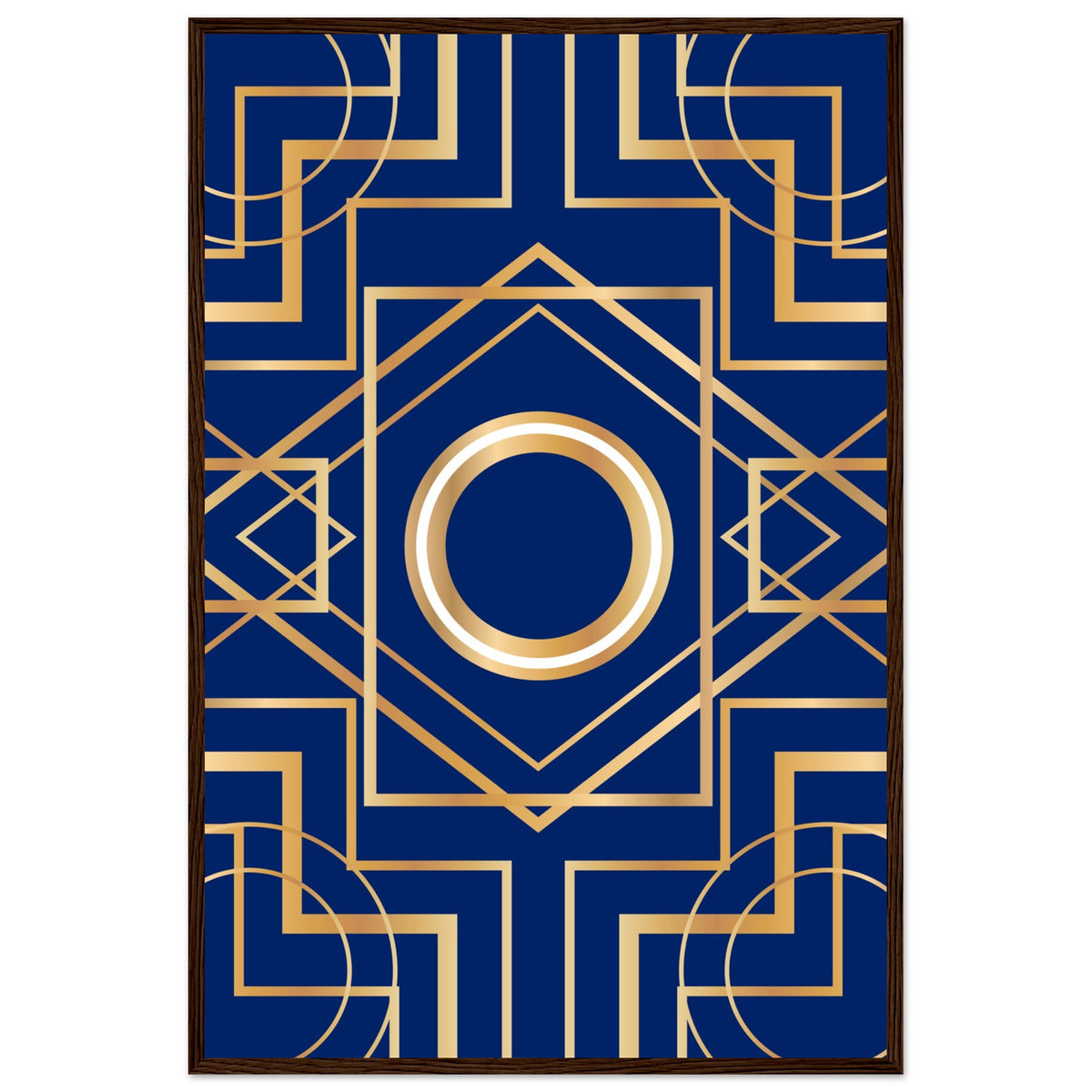 Art Deco Elegance - Blue & Gold Geometric Framed Print - 60x90 cm 24x36″ Dark wood frame - Wooden Framed Posters