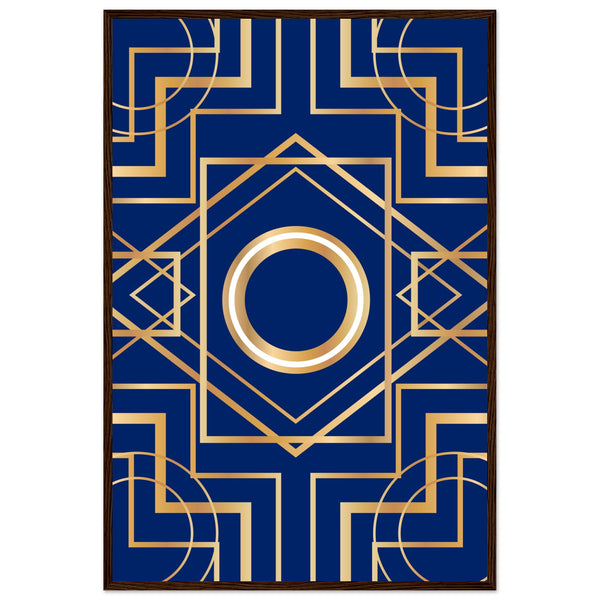 Art Deco Elegance - Blue & Gold Geometric Framed Print - 60x90 cm 24x36″ Dark wood frame - Wooden Framed Posters