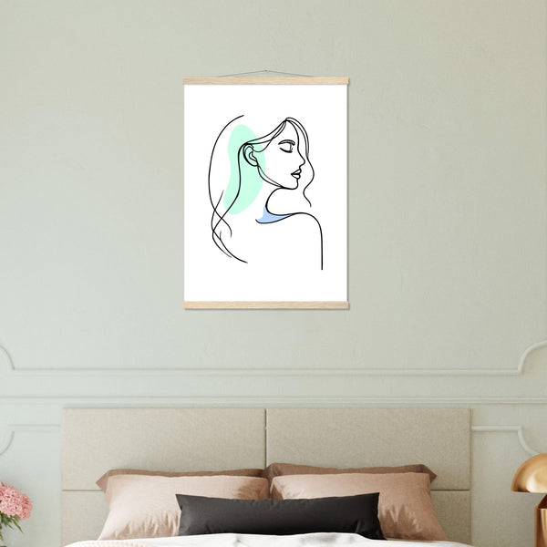 Elegance in Line - Minimalist Female Profile Art with Wooden Hangers - 50x70 cm 20x28″ Natural wood wall hanger - Posters With Hanger