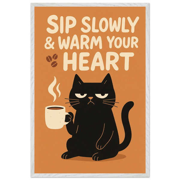 Coffee Cat Framed Poster – A Cozy Gift of Sass - - Wooden Framed Posters