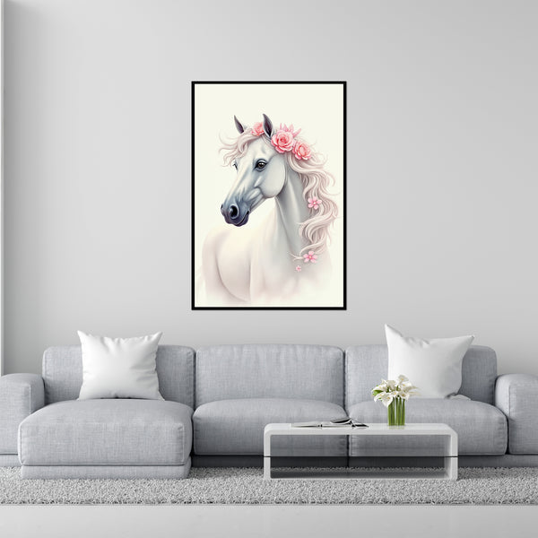 Whimsical White Horse with Roses - 20x30 - Framed Posters