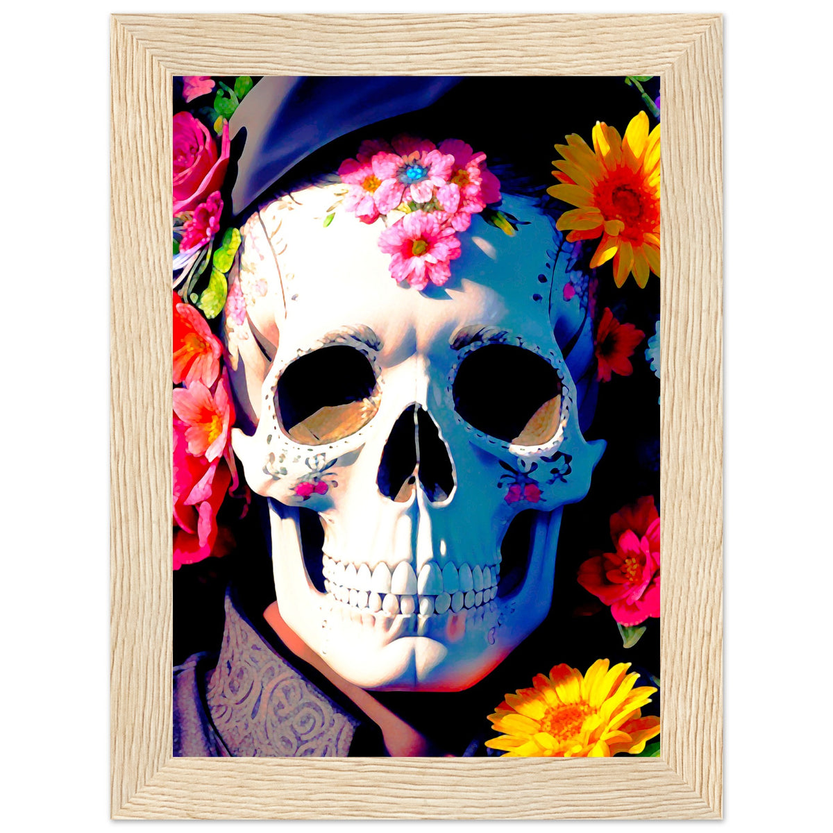 Mystical Bloom - Premium Floral Skull Poster - 13x18 cm 5x7″ Wood frame - Wooden Framed Posters