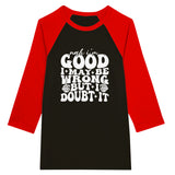 Doubtful Confidence - Unisex 3/4 sleeve Raglan T-shirt - Black and Red - T-shirts