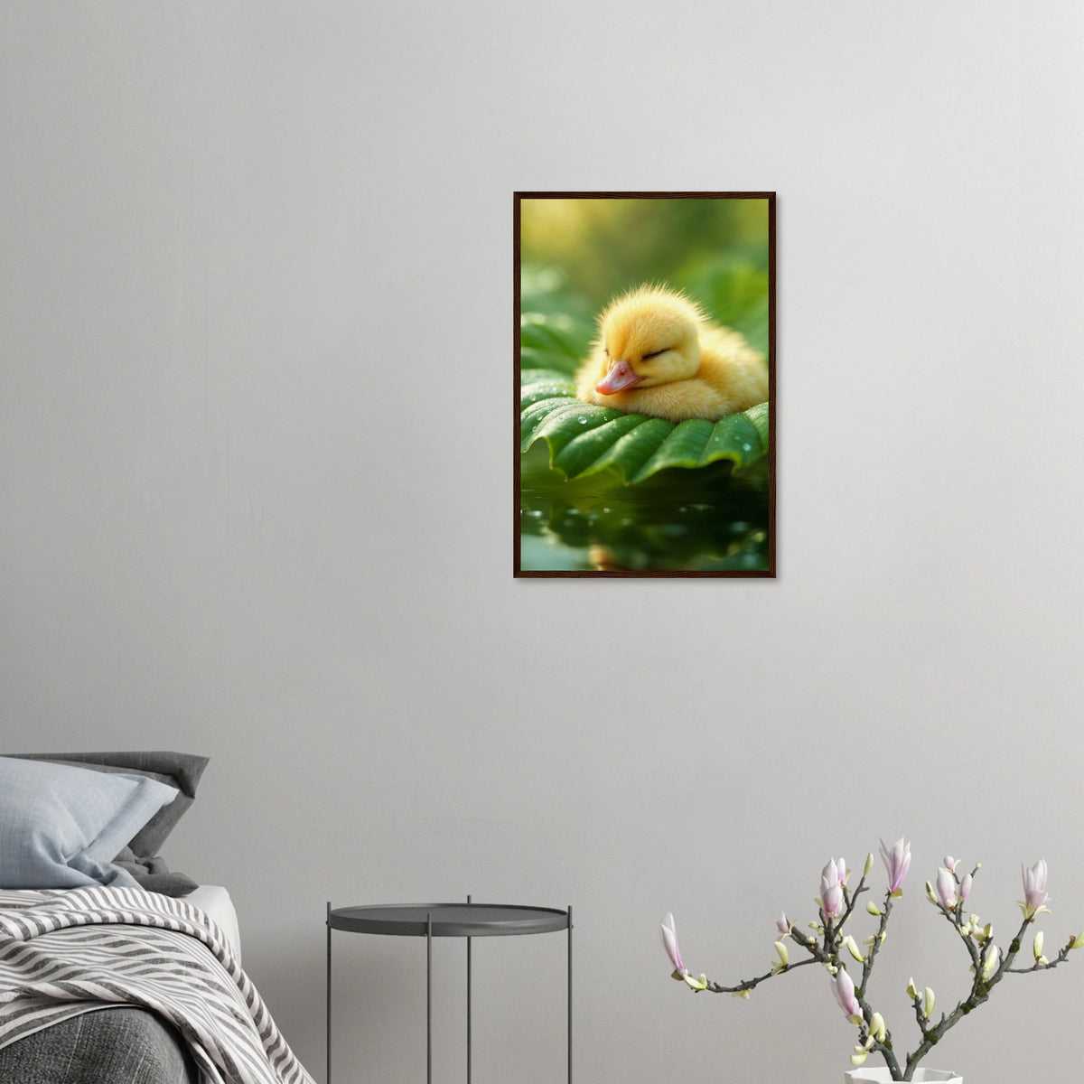 Dreaming Duckling - Serene Nature Framed Art - 40x60 cm 16x24″ Dark wood frame - Wooden Framed Posters