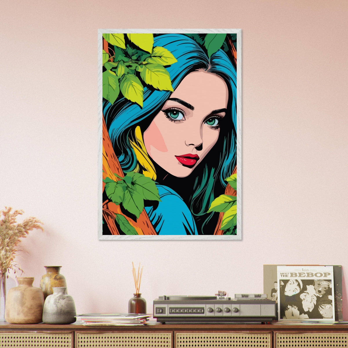 Premium Nature's Elegance - The Blue-Haired Muse - 60x90 cm 24x36″ White frame - Wooden Framed Posters