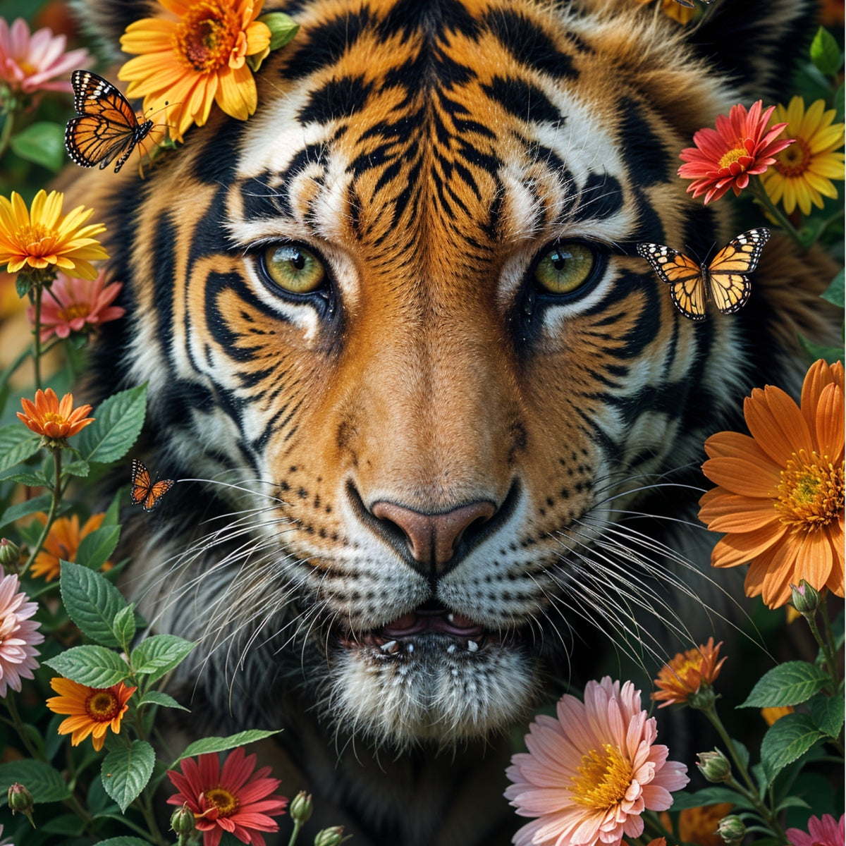 Wild Elegance - Tiger & Blooms - - Framed Posters