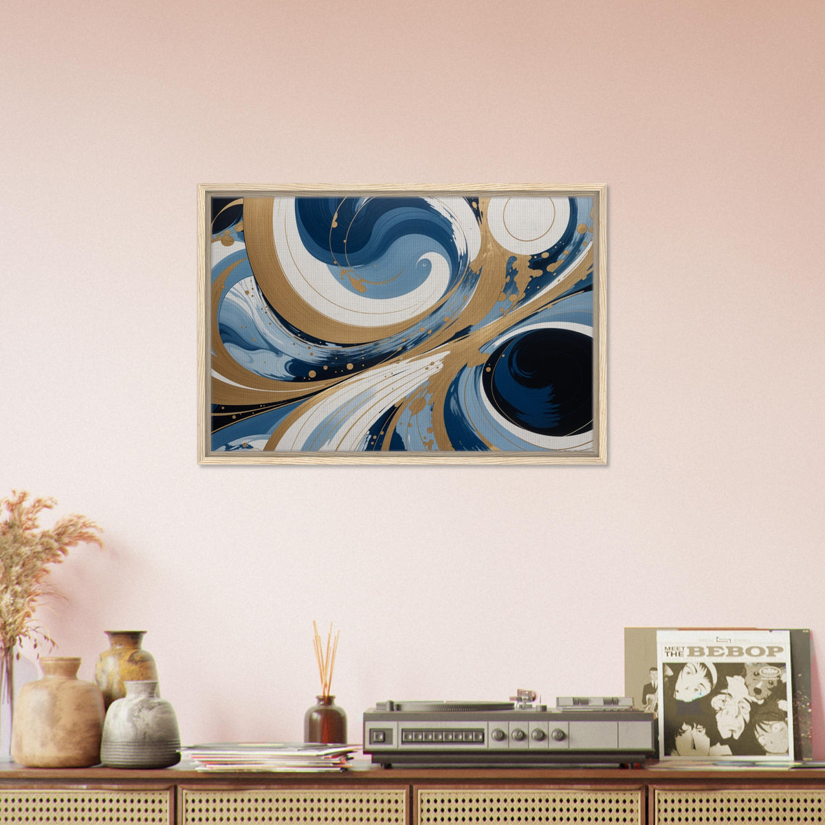 Infinite Flow - Abstract Gold and Navy Whirls - - Framed Canvas