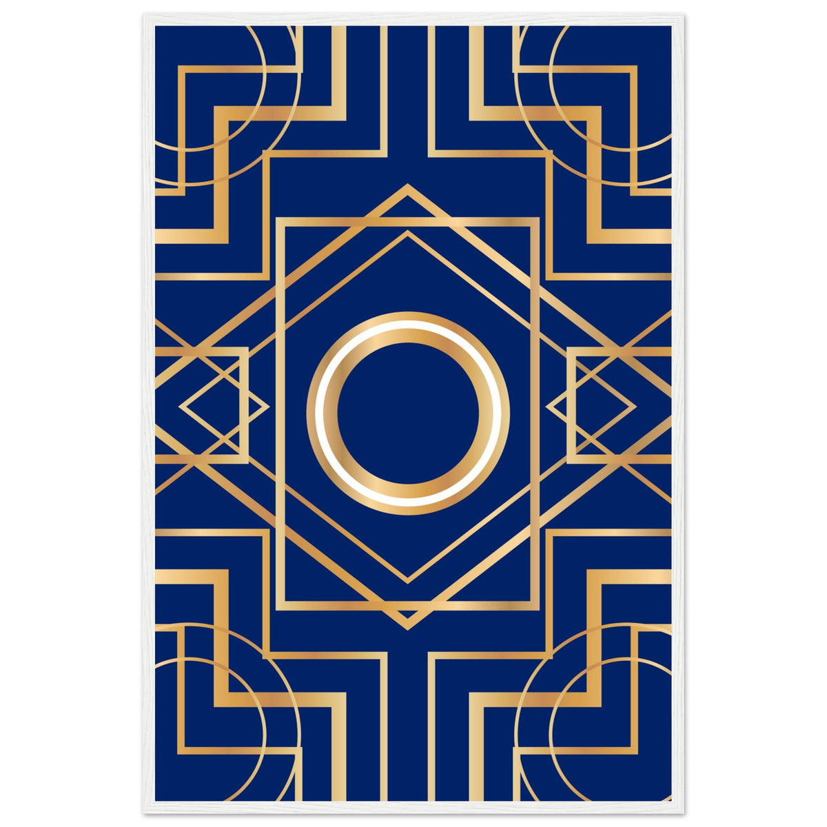 Art Deco Elegance - Blue & Gold Geometric Framed Print - 60x90 cm 24x36″ White frame - Wooden Framed Posters