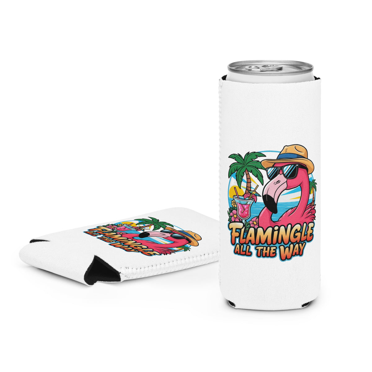 Summer Vibes - Sunglasses Flamingo Can Sleeve - Slim 12 oz - Can Cooler