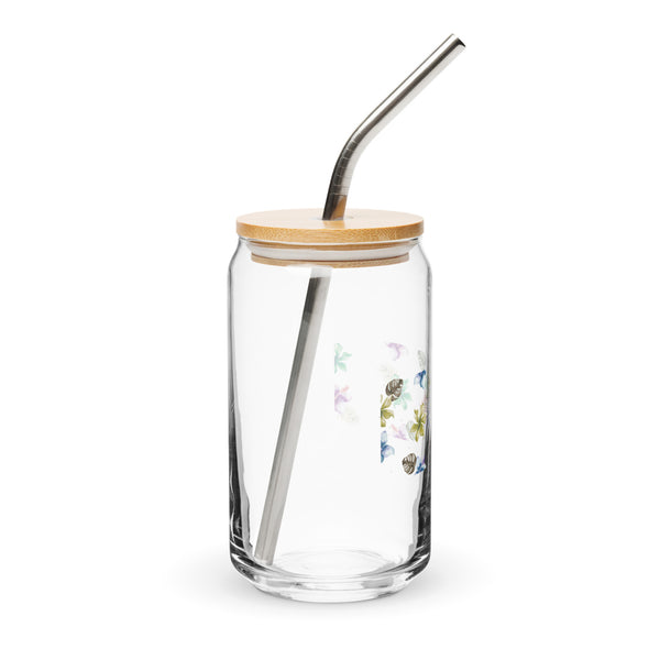 Vibrant Tropical Bloom Can-Shaped Glass - 16 oz With Lid & Straw - Glass