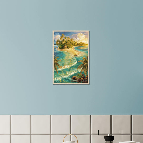 Island Paradise Beach Scene Art Print - Wood frame 40x60 cm 16x24″ - Wooden Framed Posters