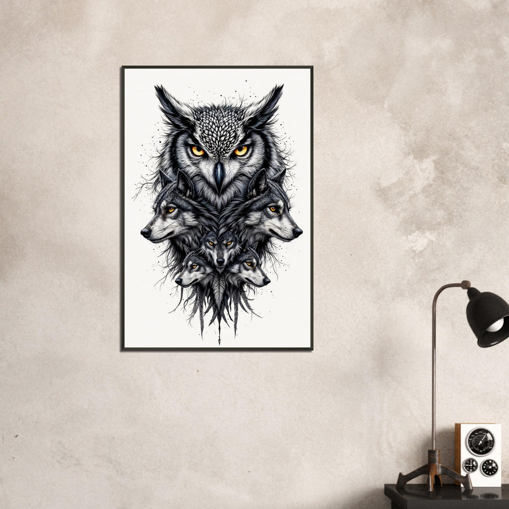 Alpha and Insight - Wolves and Owl Wall Art - - Framed Poster