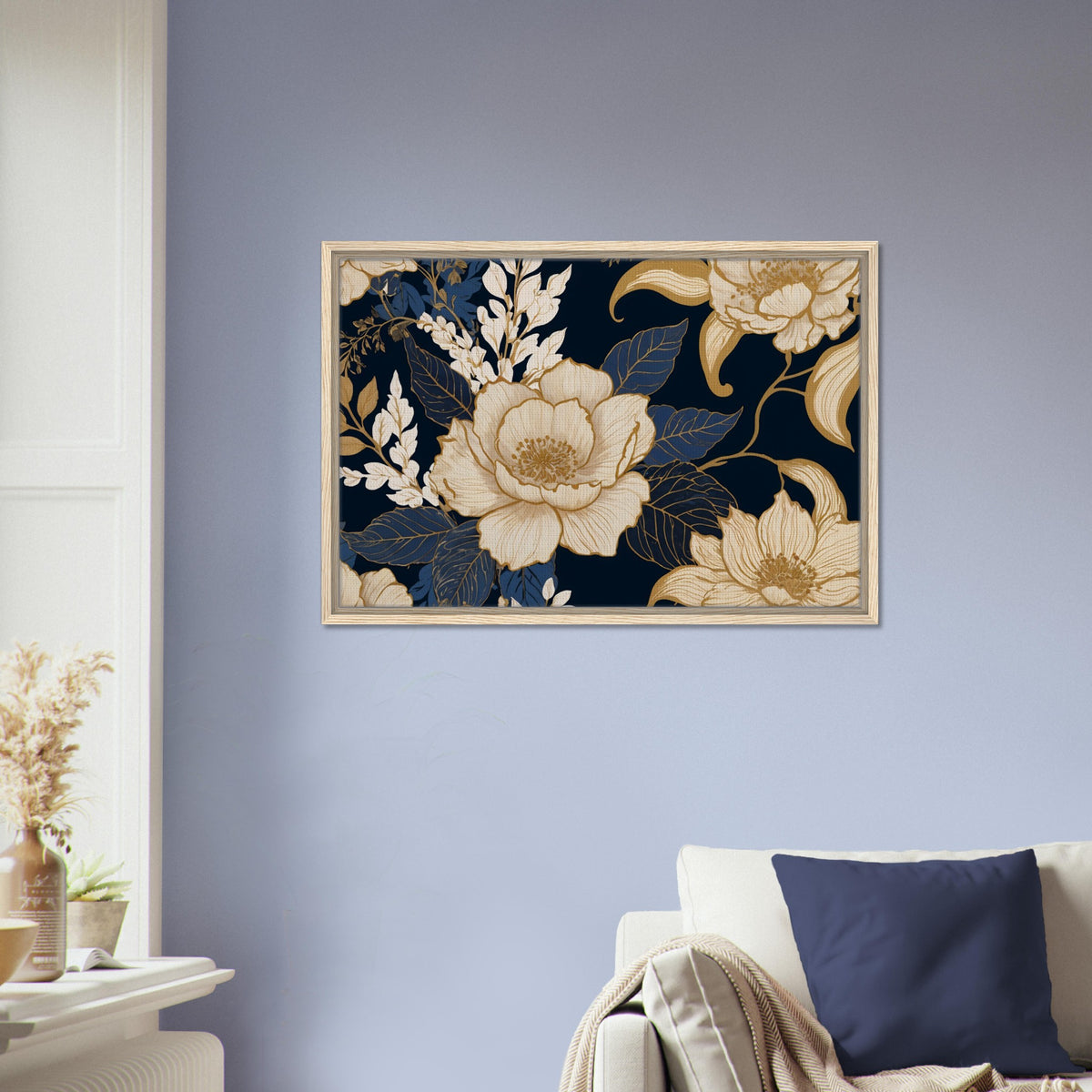 Golden Blooms - Floral Elegance on Dark Canvas - - Framed Canvas