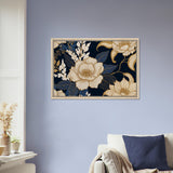 Golden Blooms - Floral Elegance on Dark Canvas - - Framed Canvas