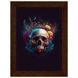 Nature’s Duality - Vibrant Flowers and Skull - 13x18 cm 5x7″ Dark wood frame - Wooden Framed Posters