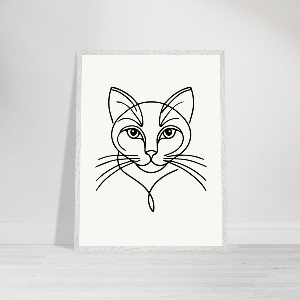 Timeless Cat Line Art - Natural Wood Framed Elegance - 60x80 cm 24x32″ White frame - Wooden Framed Posters