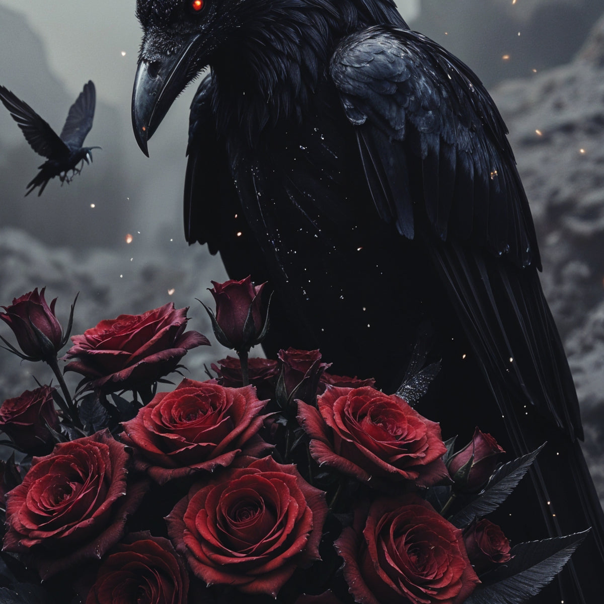 Raven & Roses Requiem – Wooden Framed Poster - Walnut Premium Oak Glossy Photo - Wooden Framed Posters