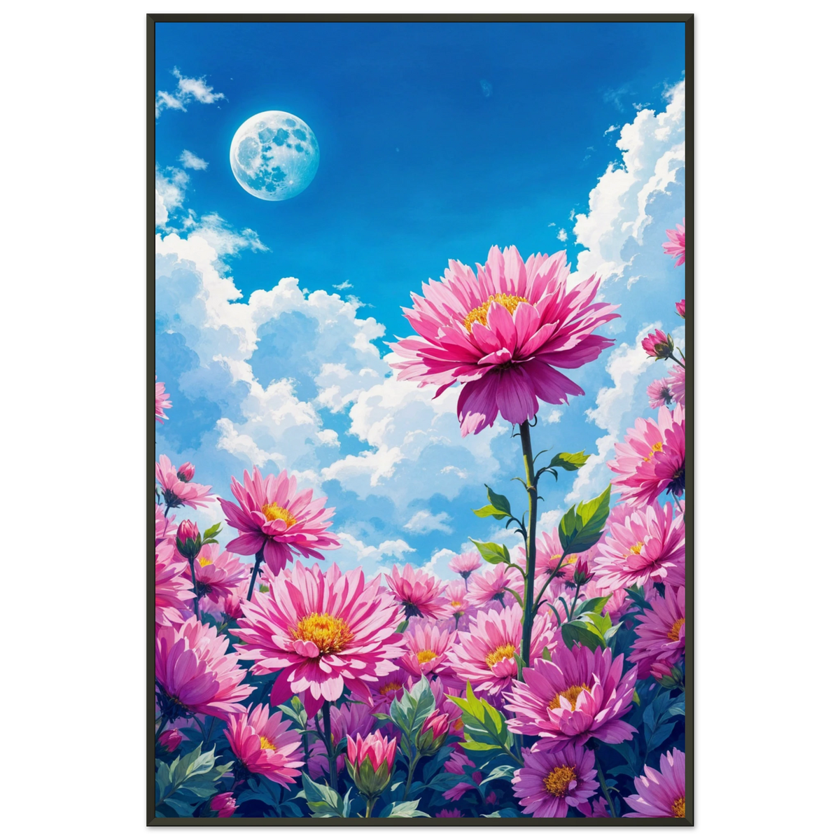 Pink Bloom Moon - Floral Meadow Framed Poster - - Metal Framed Posters