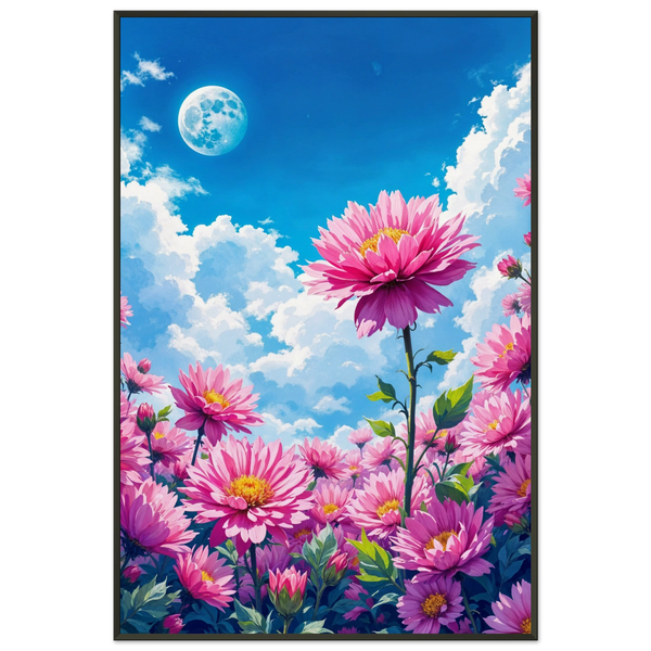 Pink Bloom Moon - Floral Meadow Framed Poster - - Metal Framed Posters