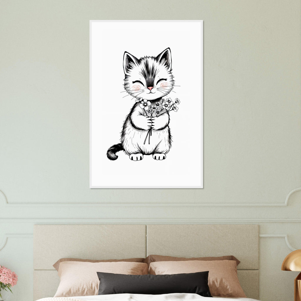 Purrfect Gift - Kitten with Flowers Framed Print - White frame 60x90 cm 24x36″ - Wooden Framed Posters