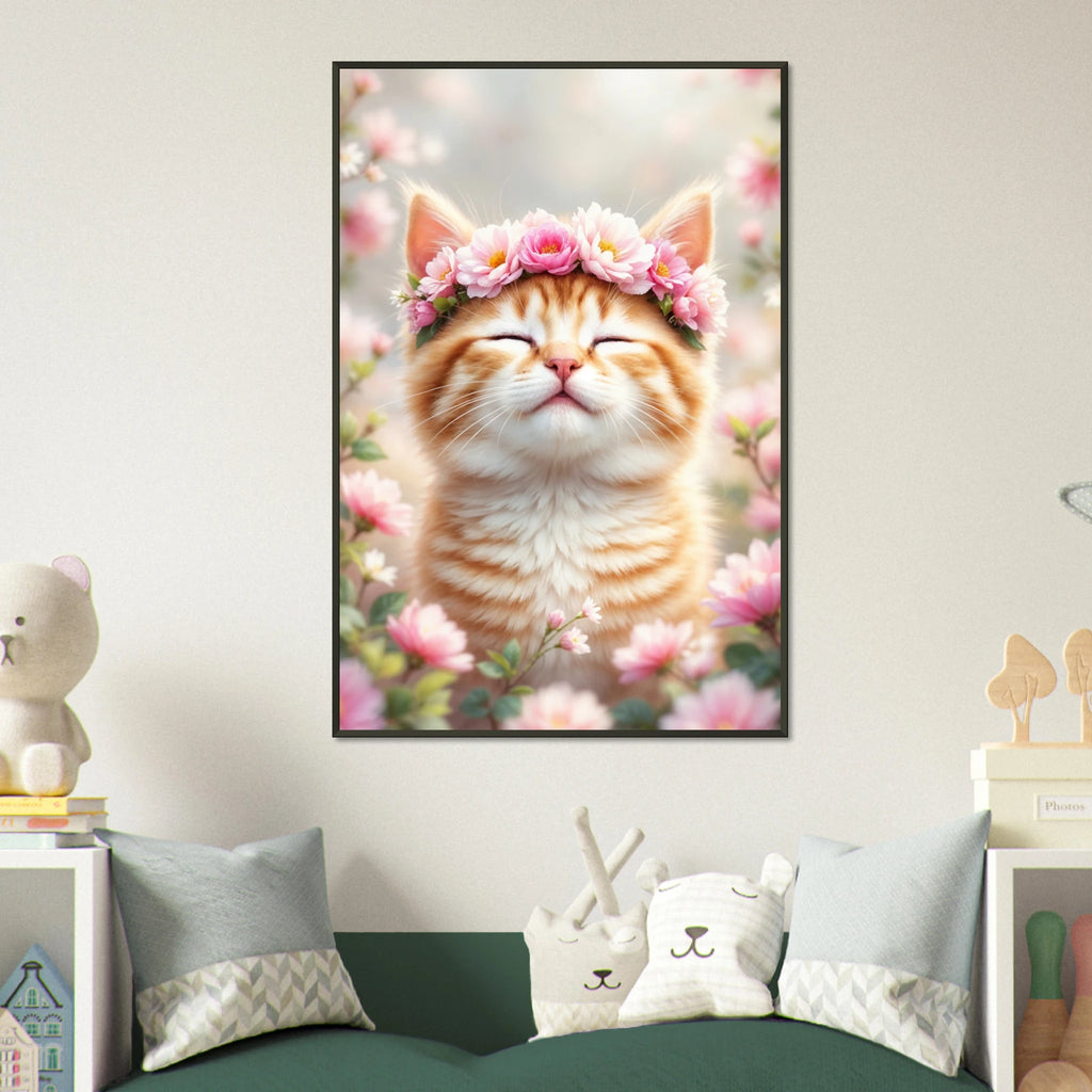 Blissful Bloom - Kitten with Flower Crown Framed Print - 60x90 cm 24x36″ - Metal Framed Posters