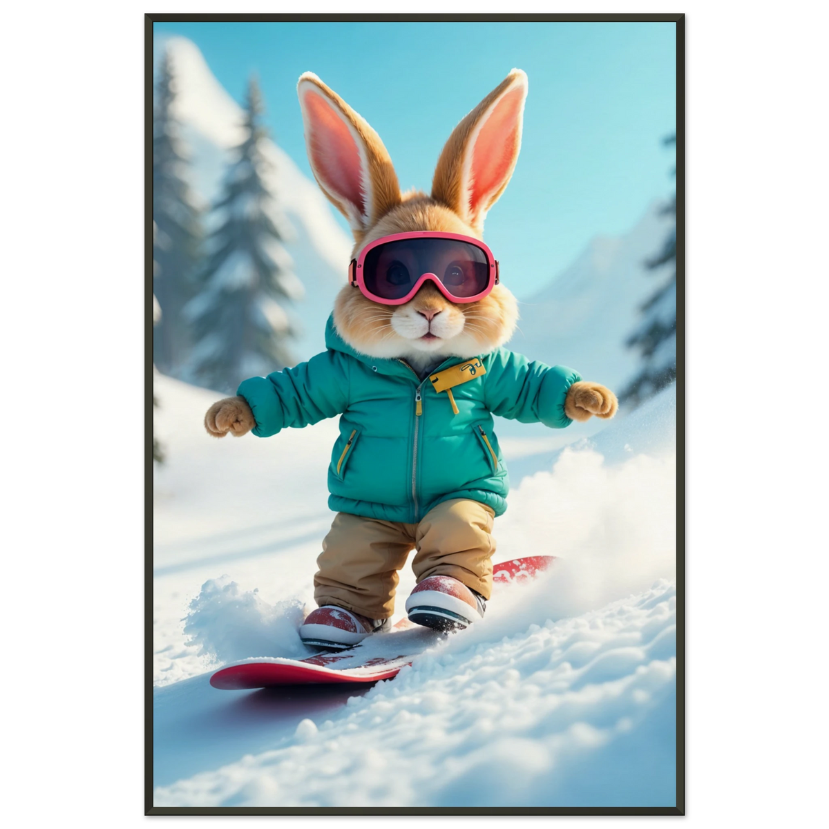 Winter Bunny - Fun Snow Sports Art Print - - Metal Framed Posters