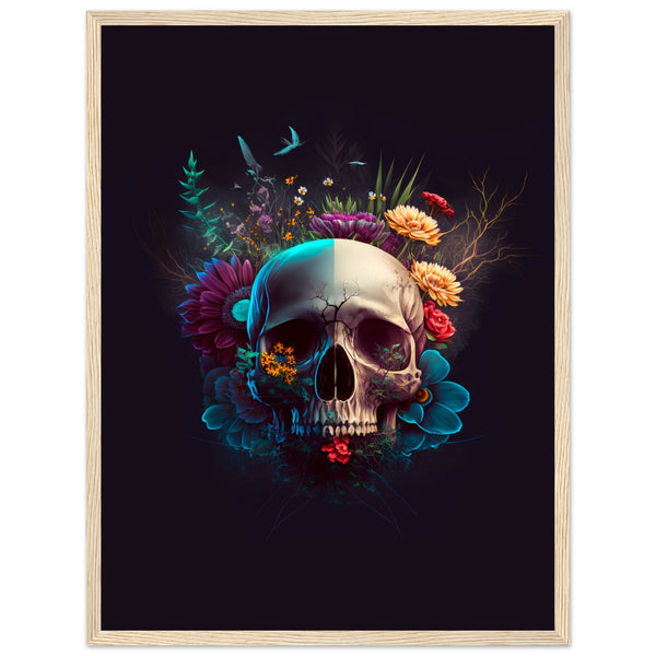 Nature’s Duality - Vibrant Flowers and Skull - 45x60 cm 18x24″ Wood frame - Wooden Framed Posters