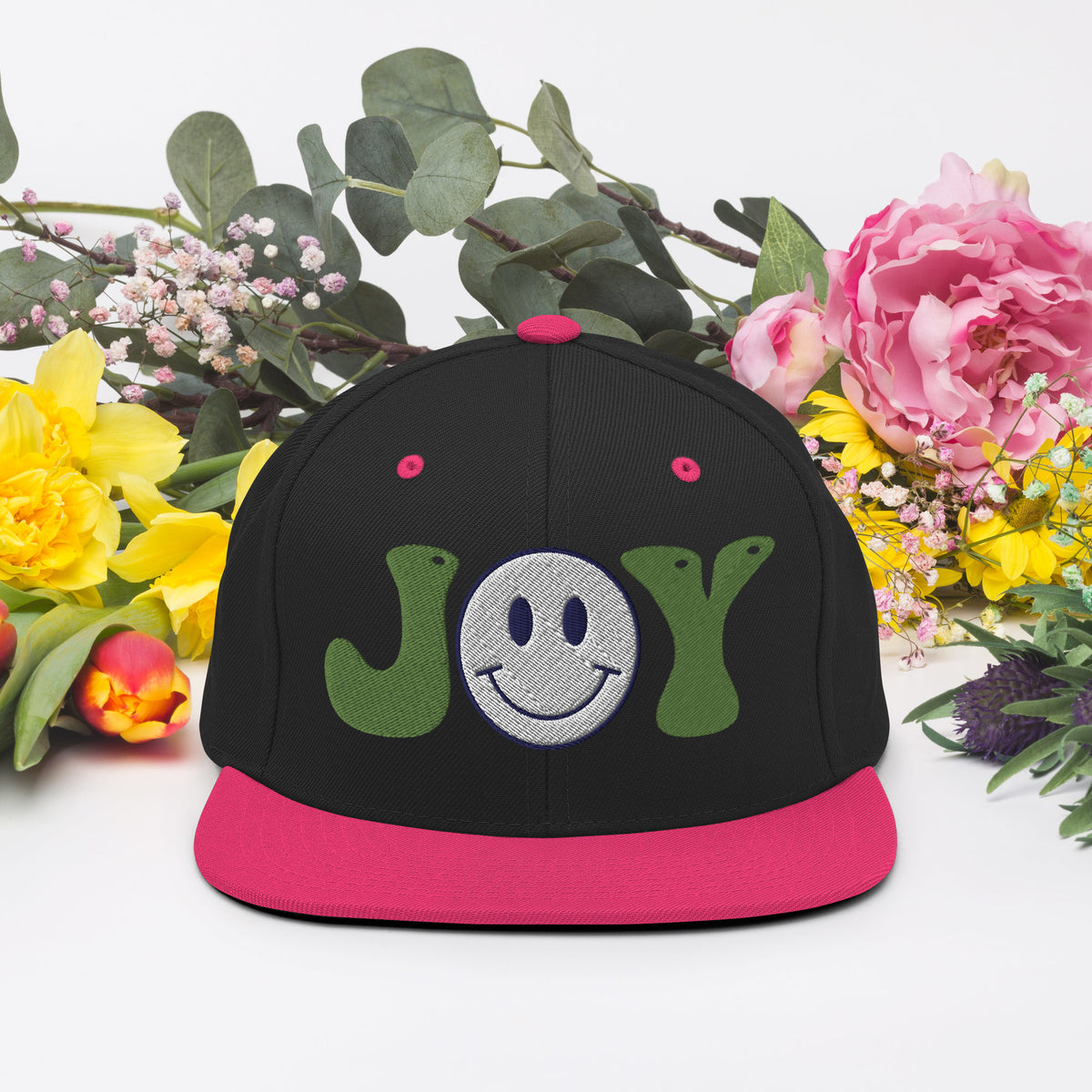 Spread Joy Everywhere - Smiley Face Snapback Hat - Black Neon Pink -