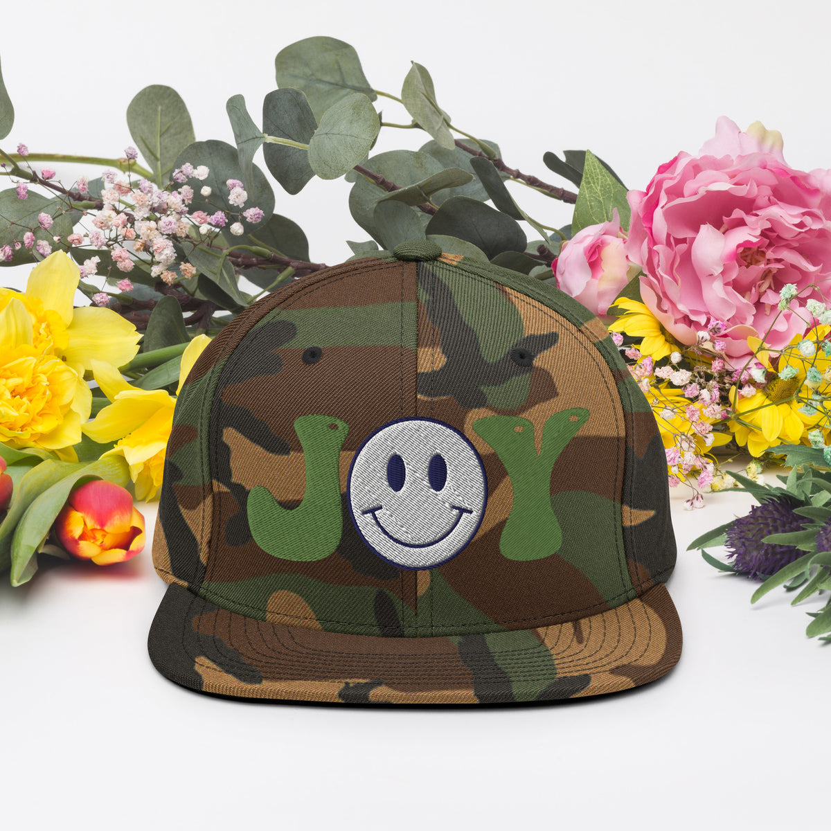 Spread Joy Everywhere - Smiley Face Snapback Hat - Green Camo -