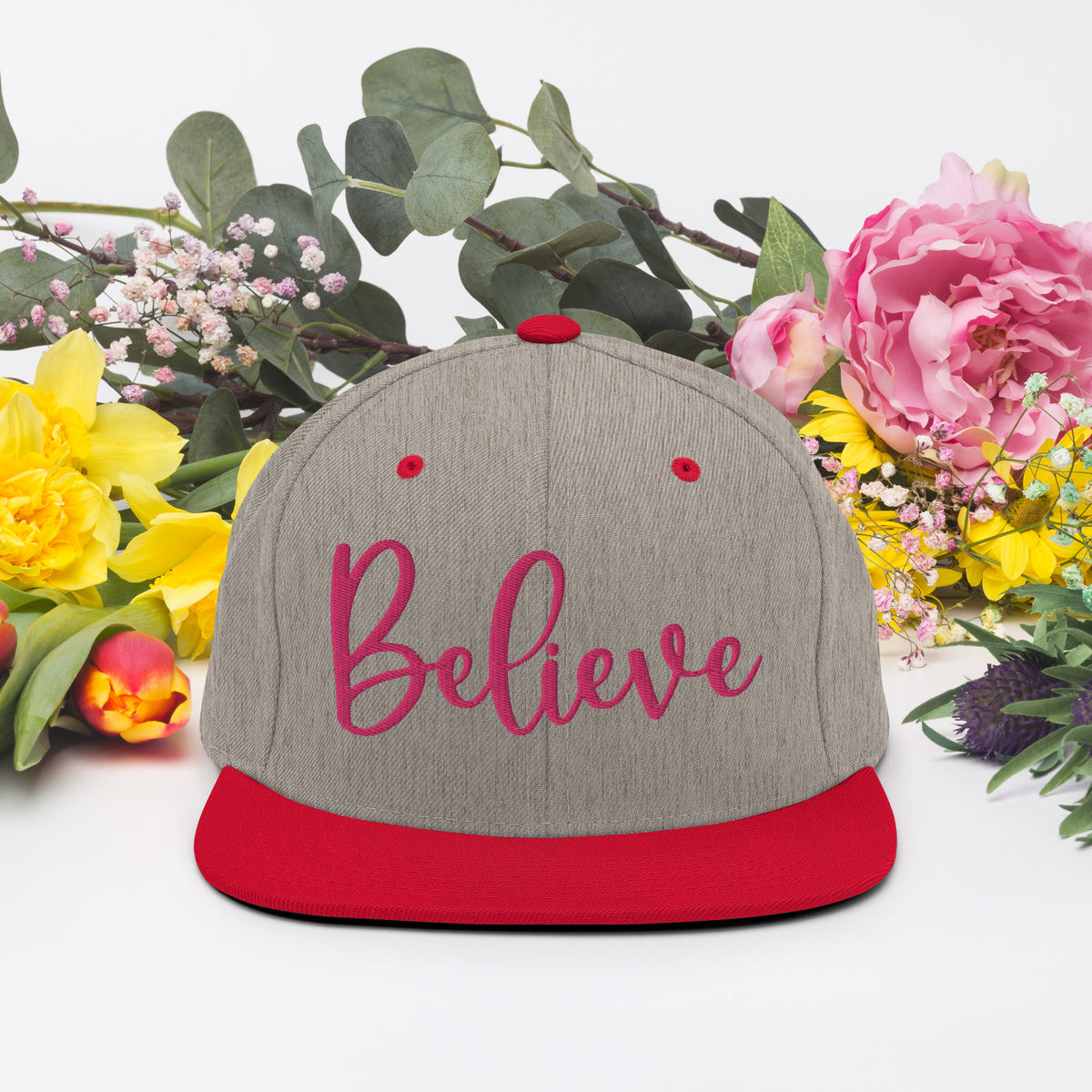 Believe Snapback Hat - Wear Your Inspiration - Heather Grey Red - Caps