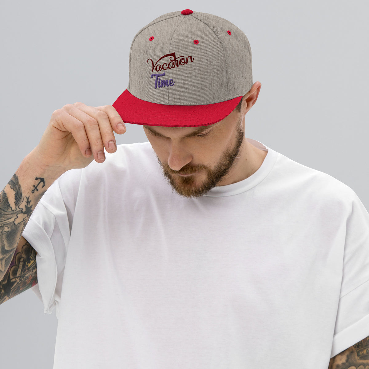 Embrace Vacation Vibes - Vocation Time Snapback Hat - Heather Grey Red - Hats