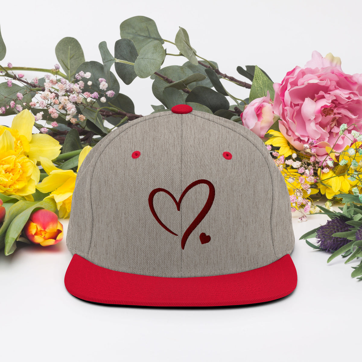 Heartfelt Charm - Golden Heart Snapback Hat - Heather Grey Red -