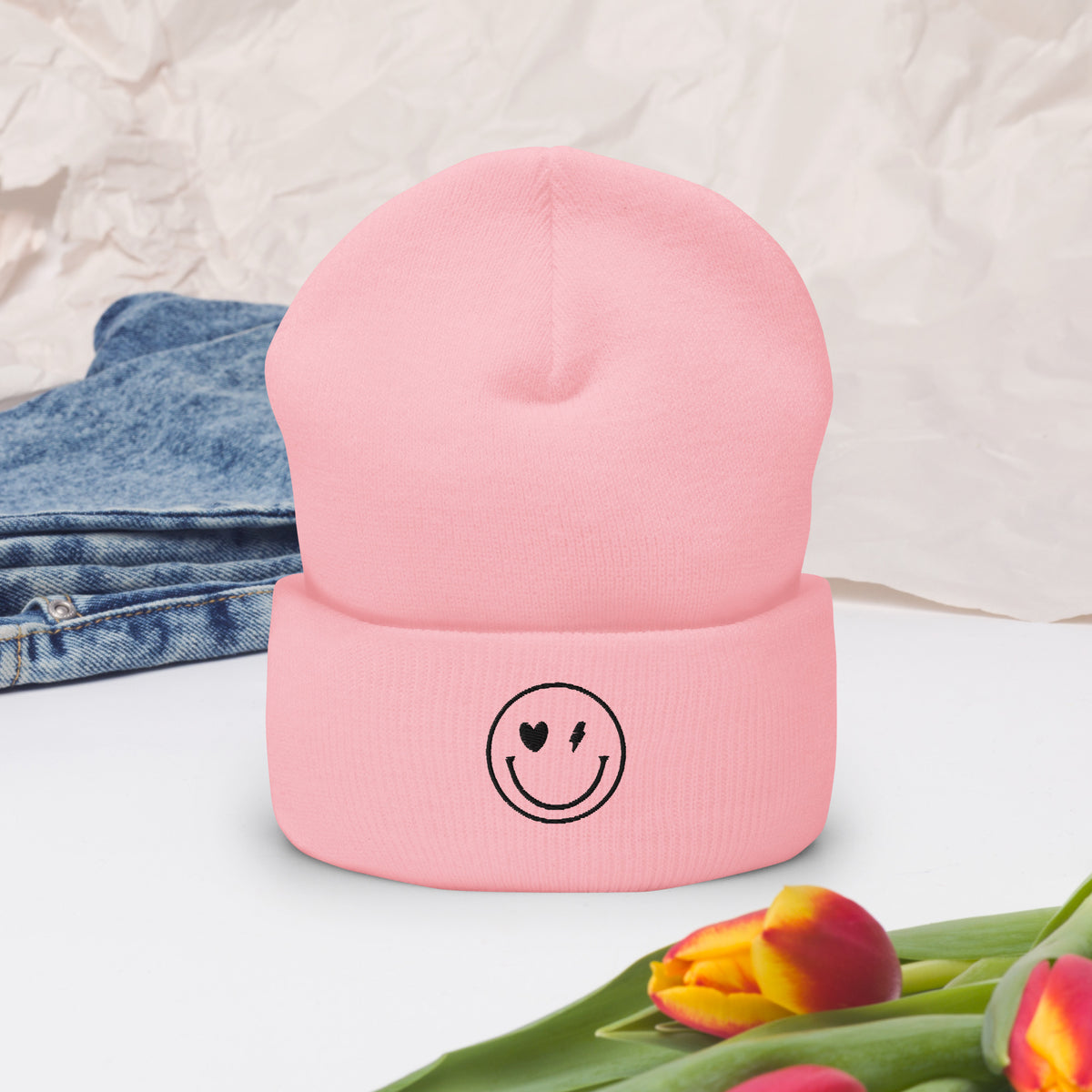 Smiley Face Cuffed Beanie -Spread Joy Everywhere - -