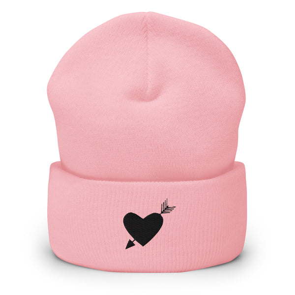 Heartfelt Warmth - Black Heart Arrow Cuffed Beanie - -