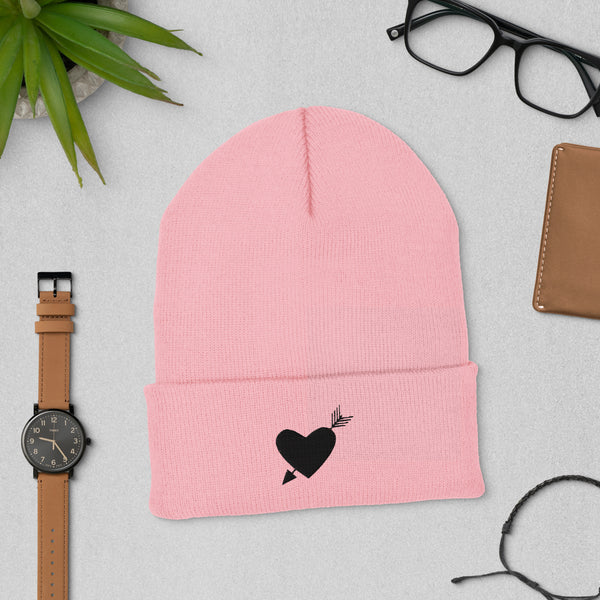 Heartfelt Warmth - Black Heart Arrow Cuffed Beanie - Baby Pink -