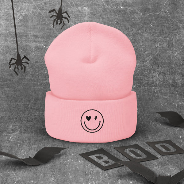 Smiley Face Cuffed Beanie -Spread Joy Everywhere - Baby Pink -