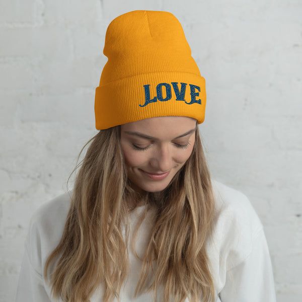 Love Embroidered Cuffed Beanie - -