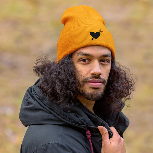 Heartfelt Warmth - Black Heart Arrow Cuffed Beanie - -