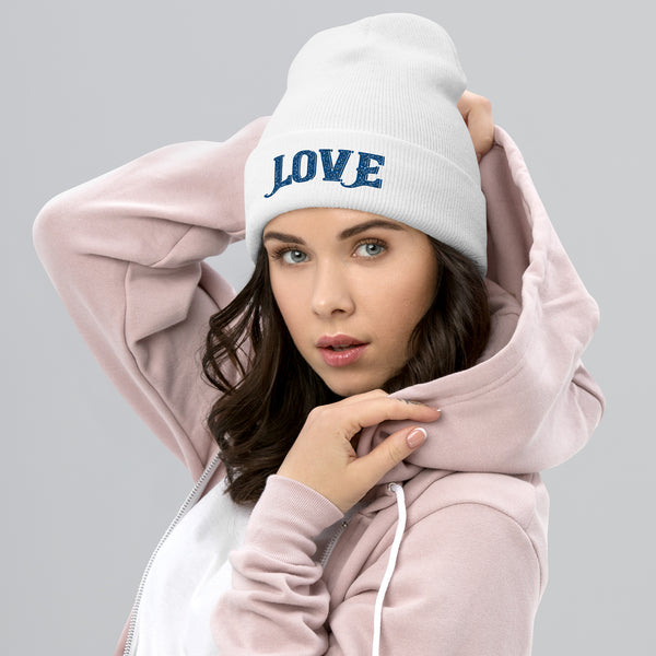 Love Embroidered Cuffed Beanie - -