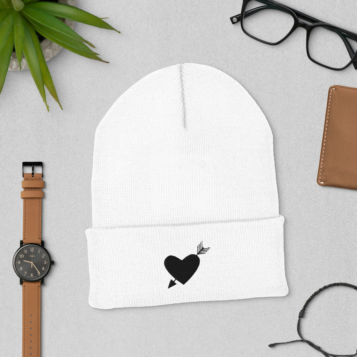 Heartfelt Warmth - Black Heart Arrow Cuffed Beanie - White -