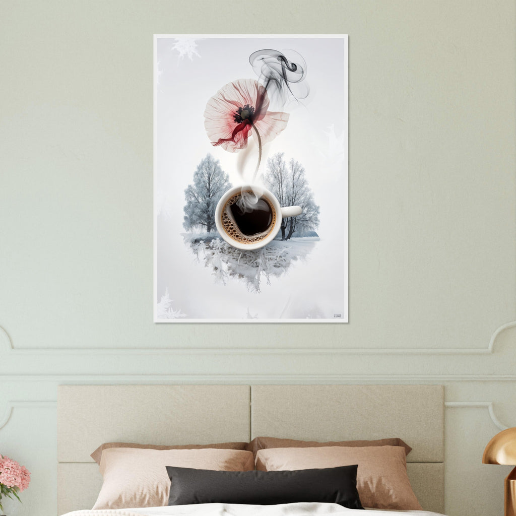 Cozy Awakening - Coffee & Flower Wall Art - White frame 60x90 cm 24x36″ - Wooden Framed Posters