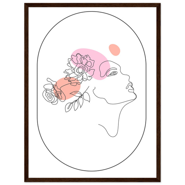 Ethereal Blossom Muse - Framed Line Art Poster - 45x60 cm 18x24″ Dark wood frame - Wooden Framed Posters