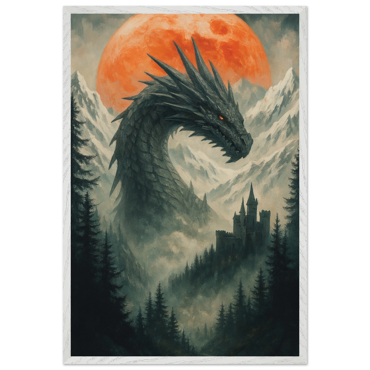 Blood Moon Dragon – Wooden Framed Poster Gift - White frame - Wooden Framed Posters